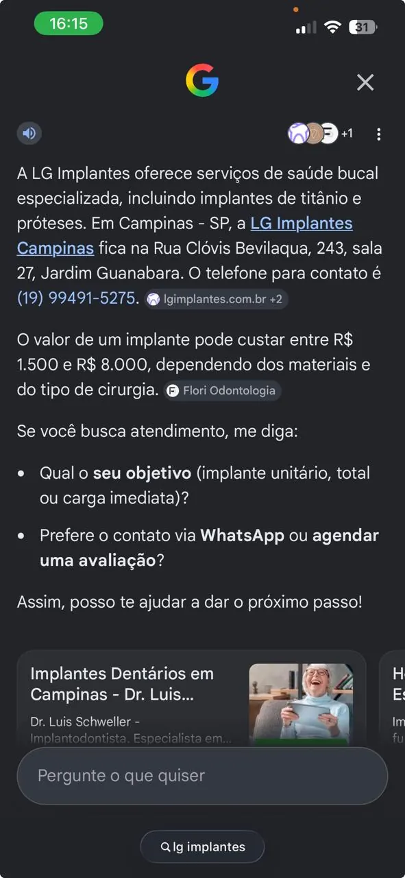Resposta de busca com inteligência artificial do Google apresentando a LG Implantes em Campinas